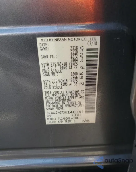 2018 Nissan Murano S z USA, uszkodzony, nr VIN 5N1AZ2MG7JN140141